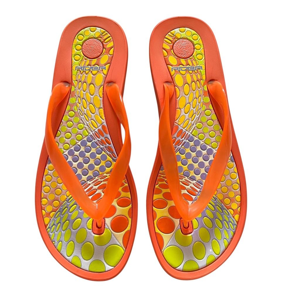 Rider Womens 10 Orange Pop Art Polka Dot Thong‎ Flip Flop Sandals Beach Boho
